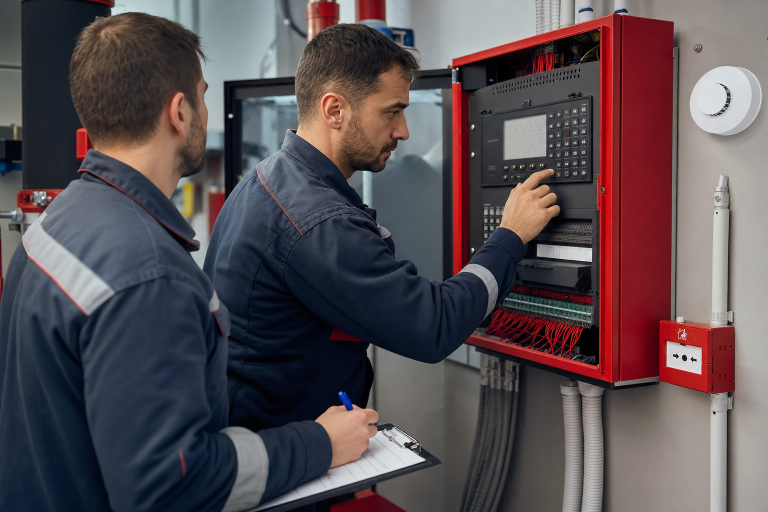 Technicians testing and commissioning a fire alarm control panel